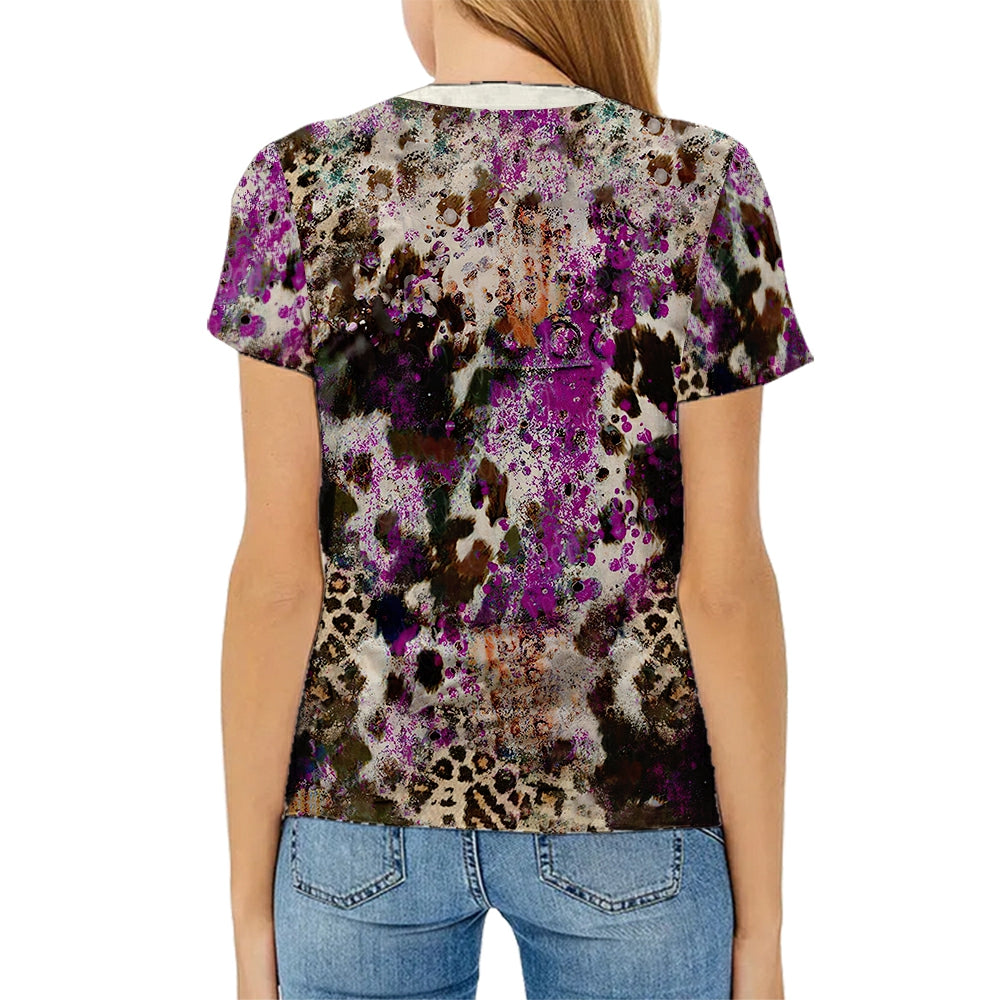 hot sell V neck blanks Heat press 100% polyester t-shirts faux bleach sublimation patterned shirts with leopard print