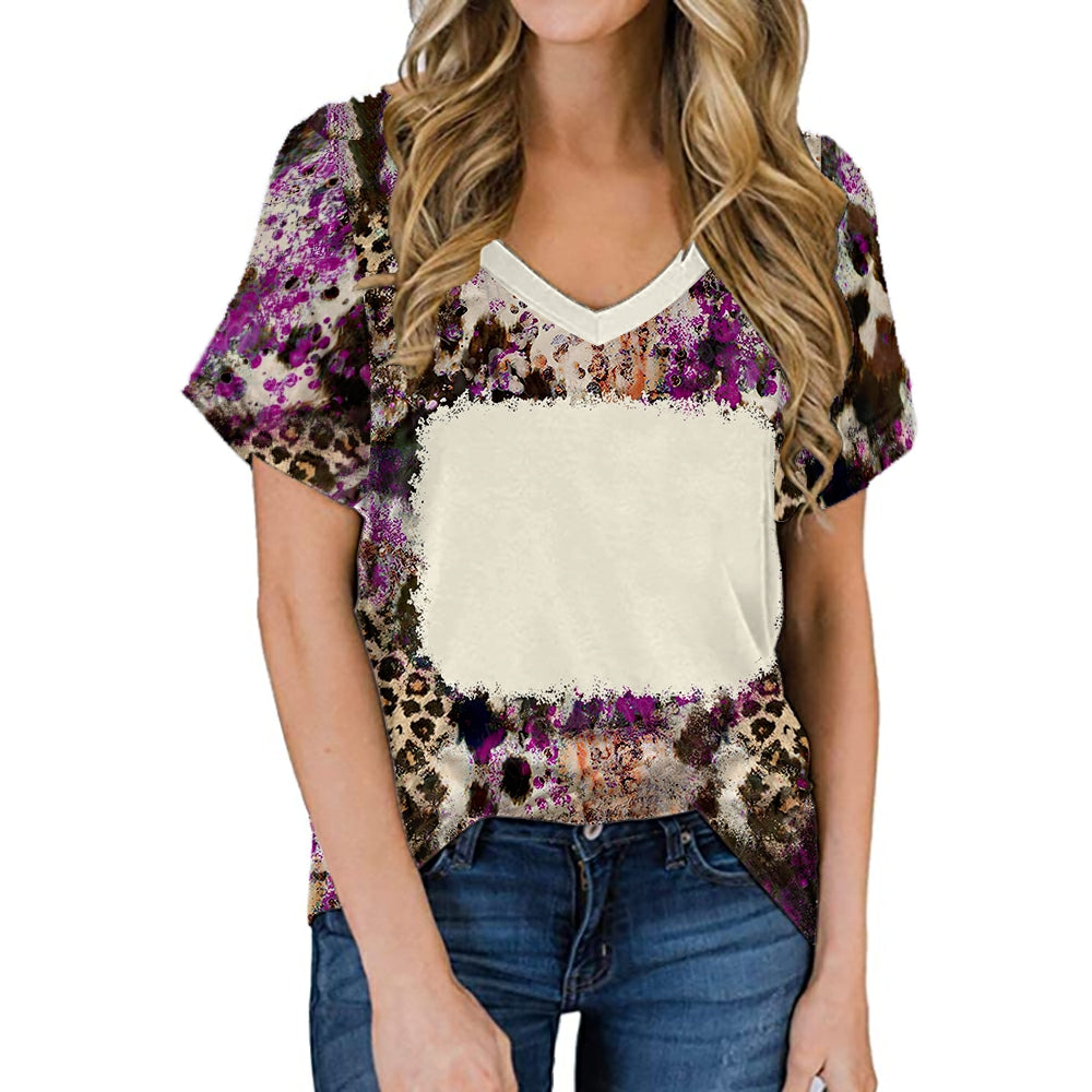 hot sell V neck blanks Heat press 100% polyester t-shirts faux bleach sublimation patterned shirts with leopard print