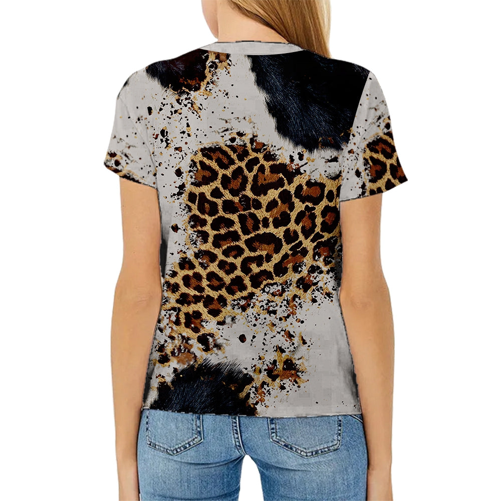 hot sell V neck blanks Heat press 100% polyester t-shirts faux bleach sublimation patterned shirts with leopard print