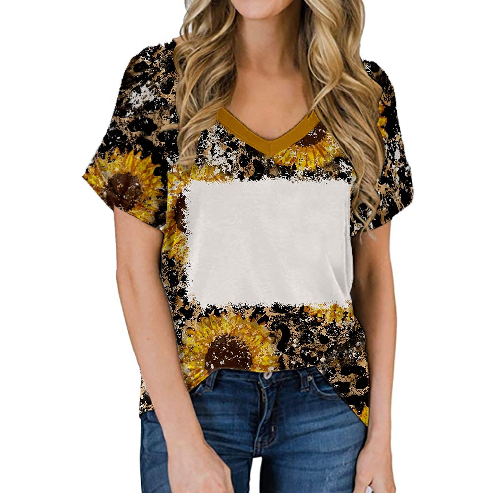 hot sell V neck blanks Heat press 100% polyester t-shirts faux bleach sublimation patterned shirts with leopard print