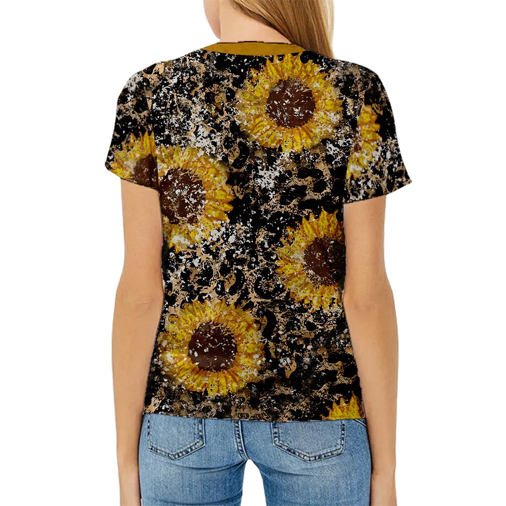 hot sell V neck blanks Heat press 100% polyester t-shirts faux bleach sublimation patterned shirts with leopard print