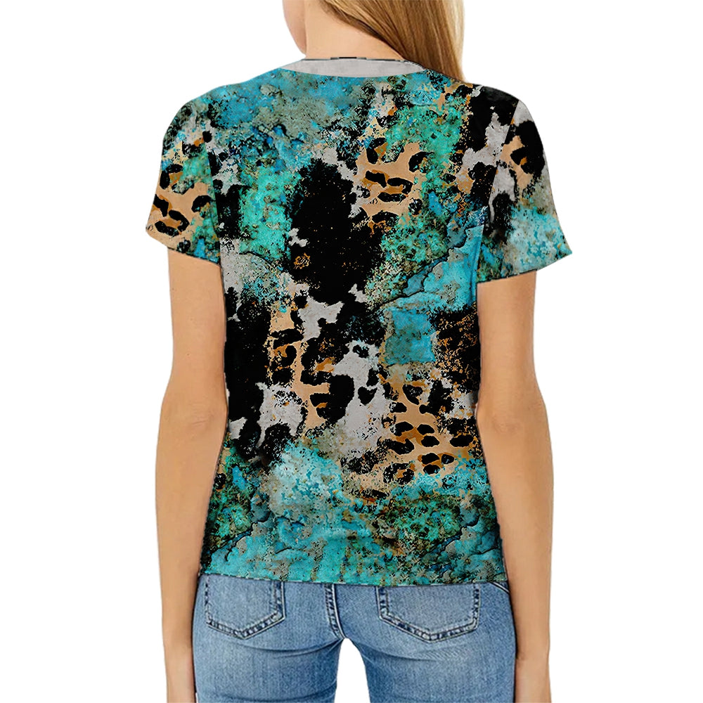 hot sell V neck blanks Heat press 100% polyester t-shirts faux bleach sublimation patterned shirts with leopard print