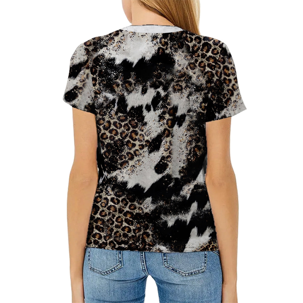 hot sell V neck blanks Heat press 100% polyester t-shirts faux bleach sublimation patterned shirts with leopard print