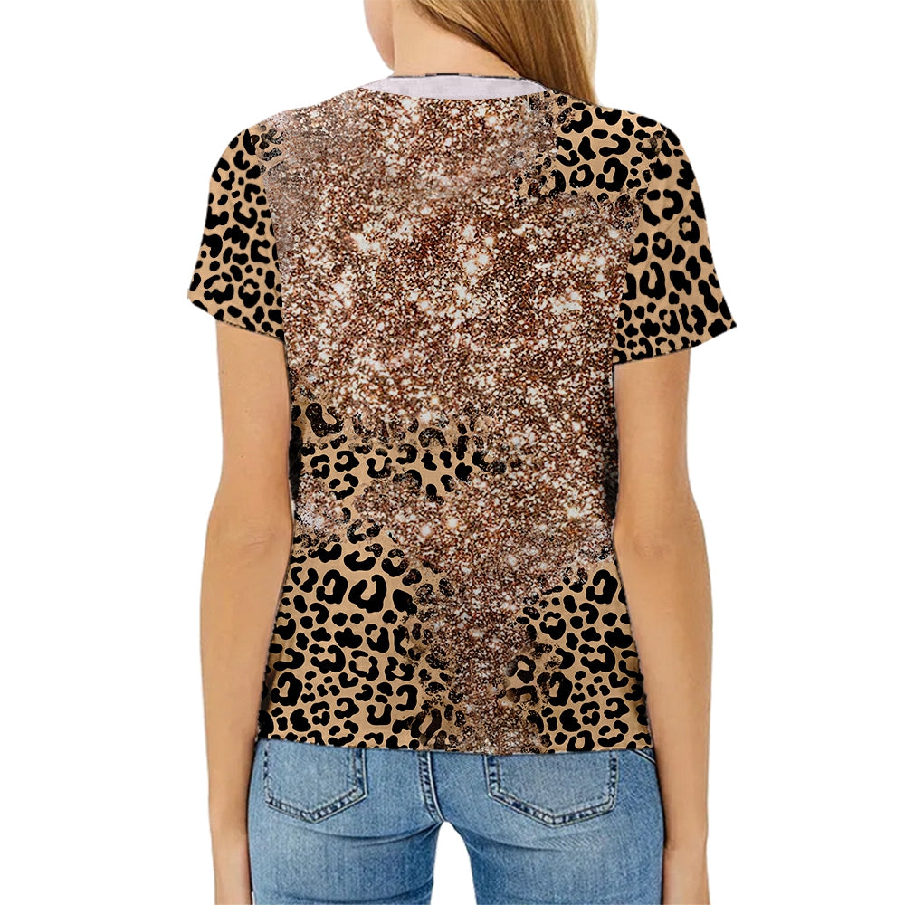 hot sell V neck blanks Heat press 100% polyester t-shirts faux bleach sublimation patterned shirts with leopard print