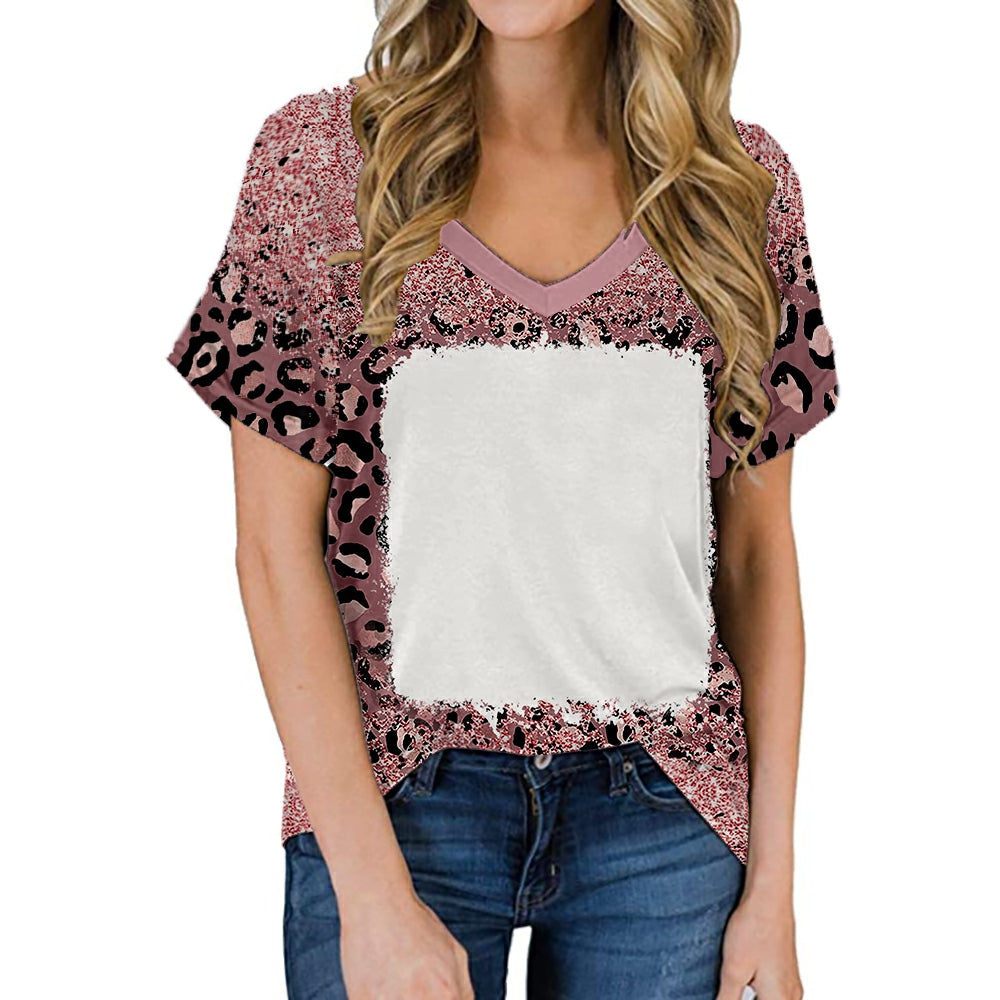 hot sell V neck blanks Heat press 100% polyester t-shirts faux bleach sublimation patterned shirts with leopard print