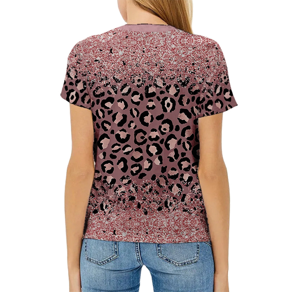 hot sell V neck blanks Heat press 100% polyester t-shirts faux bleach sublimation patterned shirts with leopard print