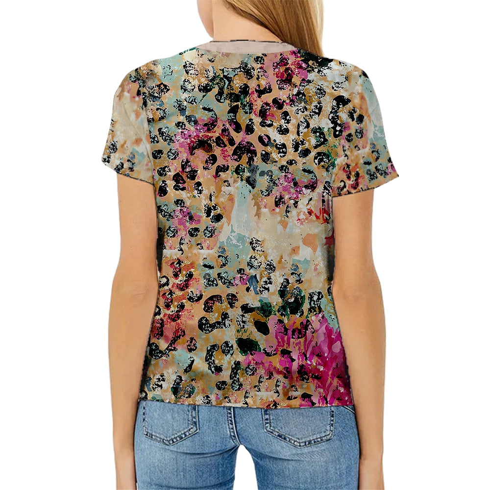 hot sell V neck blanks Heat press 100% polyester t-shirts faux bleach sublimation patterned shirts with leopard print