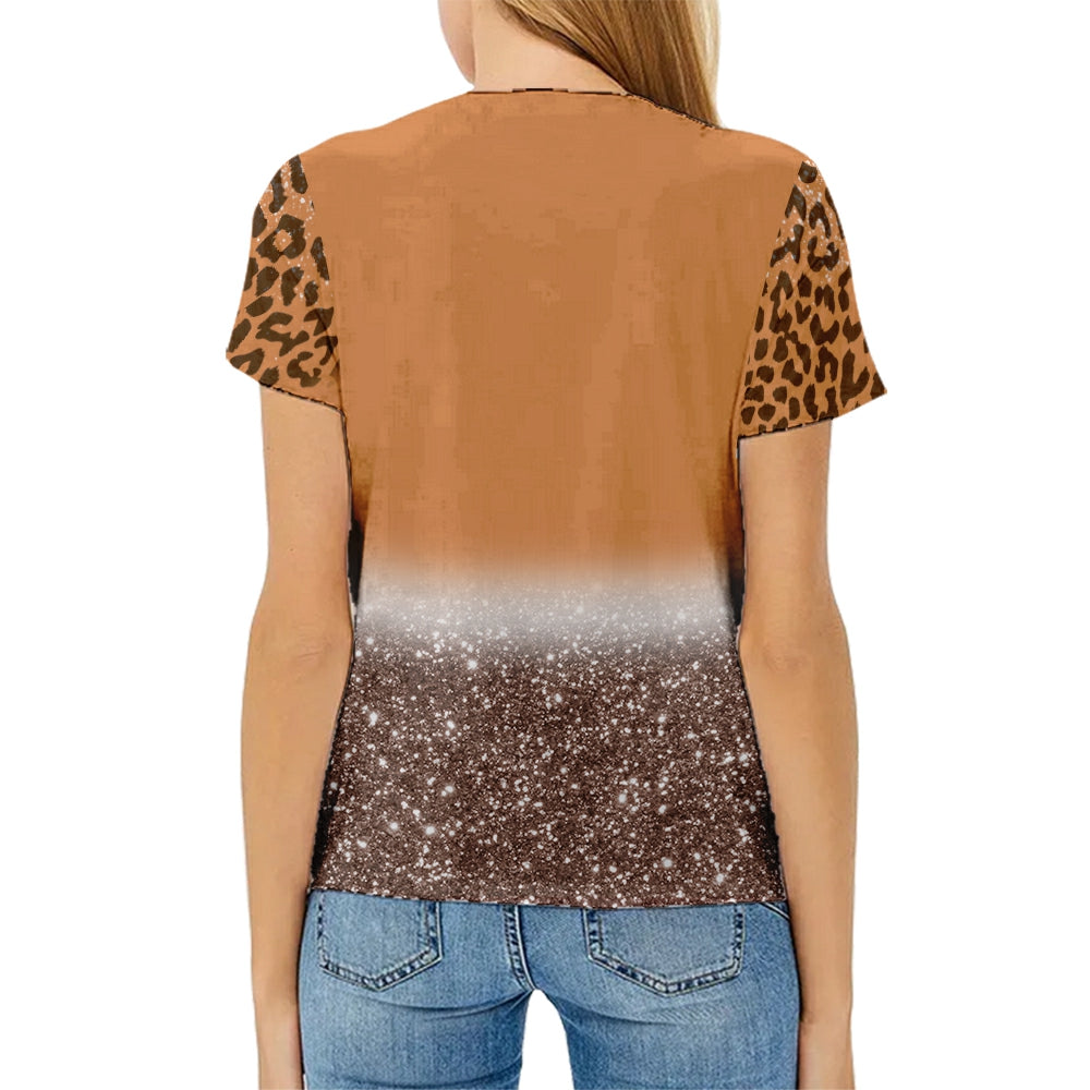 hot sell V neck blanks Heat press 100% polyester t-shirts faux bleach sublimation patterned shirts with leopard print