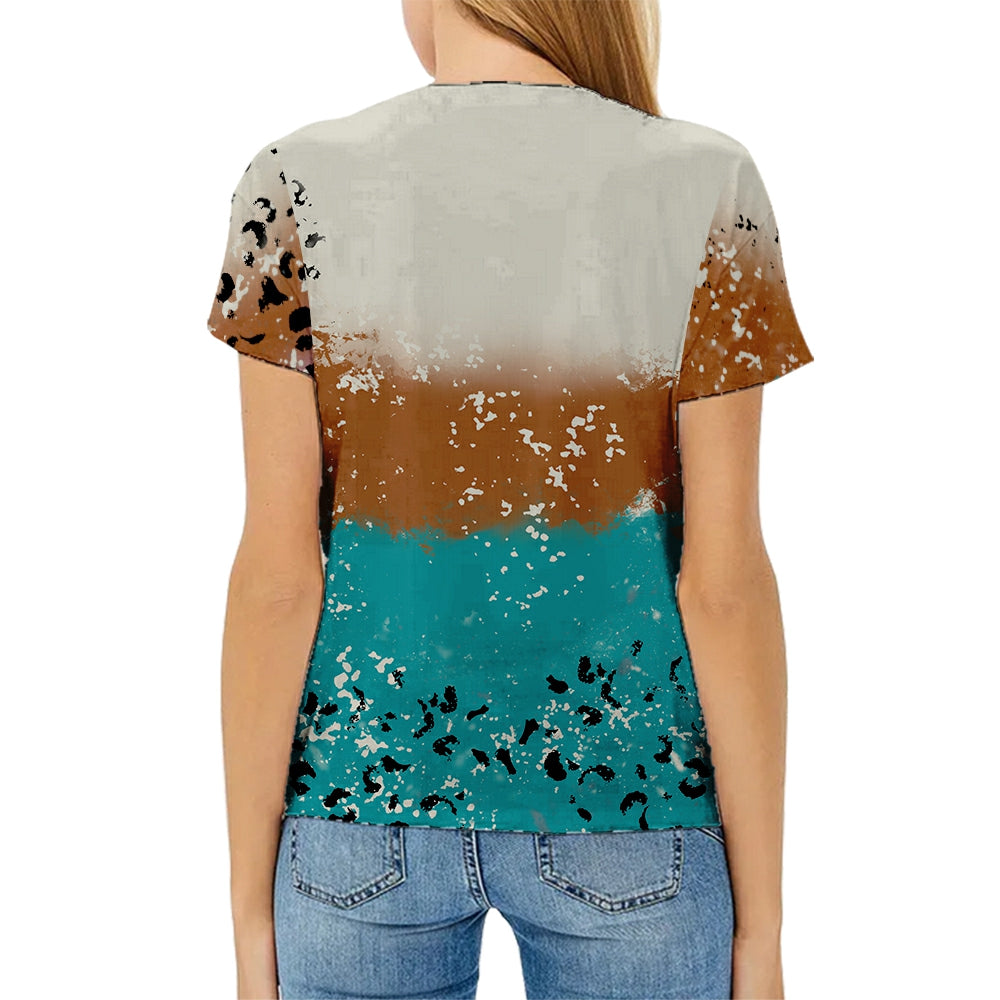 hot sell V neck blanks Heat press 100% polyester t-shirts faux bleach sublimation patterned shirts with leopard print