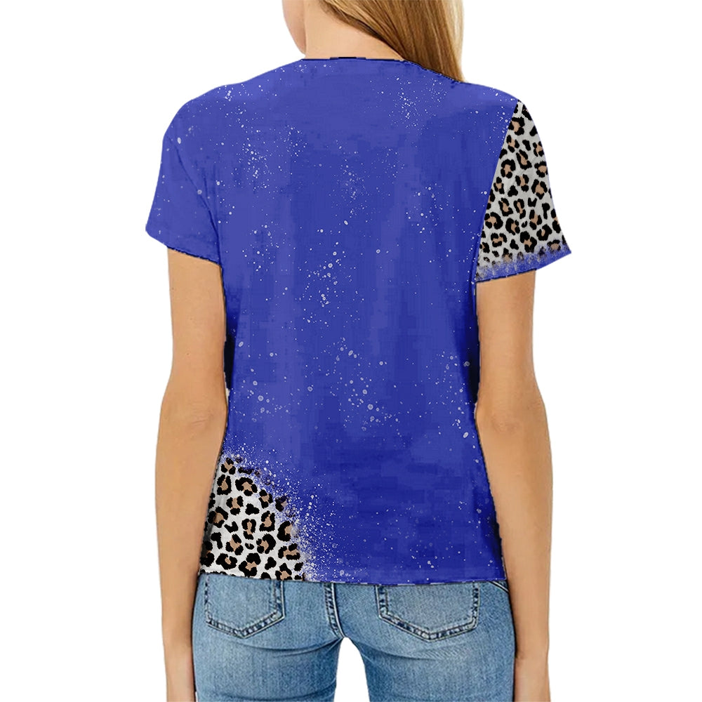 hot sell V neck blanks Heat press 100% polyester t-shirts faux bleach sublimation patterned shirts with leopard print