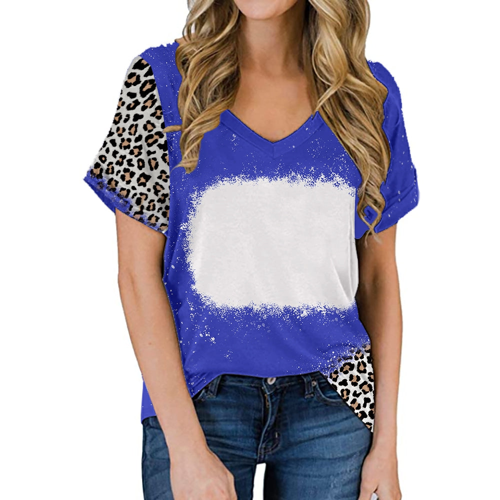 hot sell V neck blanks Heat press 100% polyester t-shirts faux bleach sublimation patterned shirts with leopard print