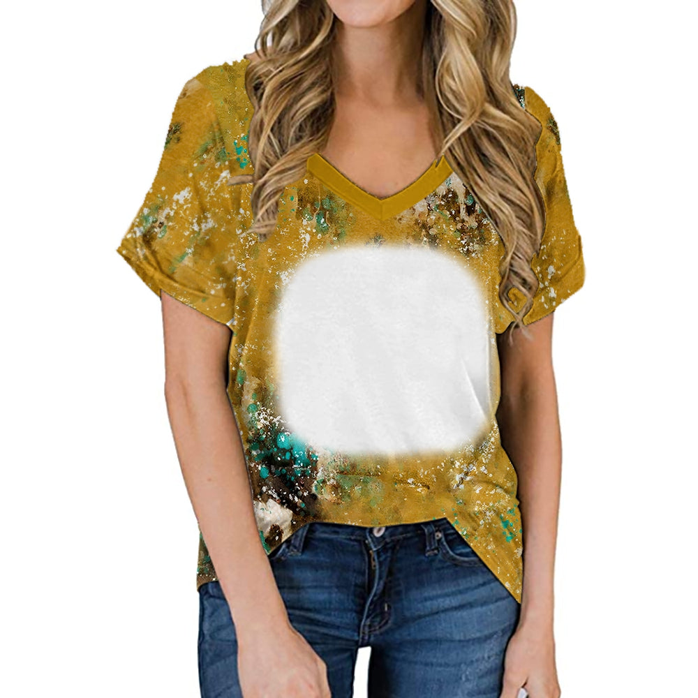 hot sell V neck blanks Heat press 100% polyester t-shirts faux bleach sublimation patterned shirts with leopard print