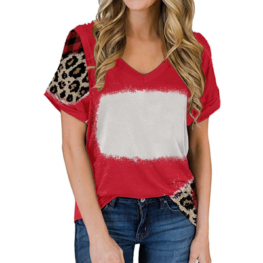 hot sell V neck blanks Heat press 100% polyester t-shirts faux bleach sublimation patterned shirts with leopard print