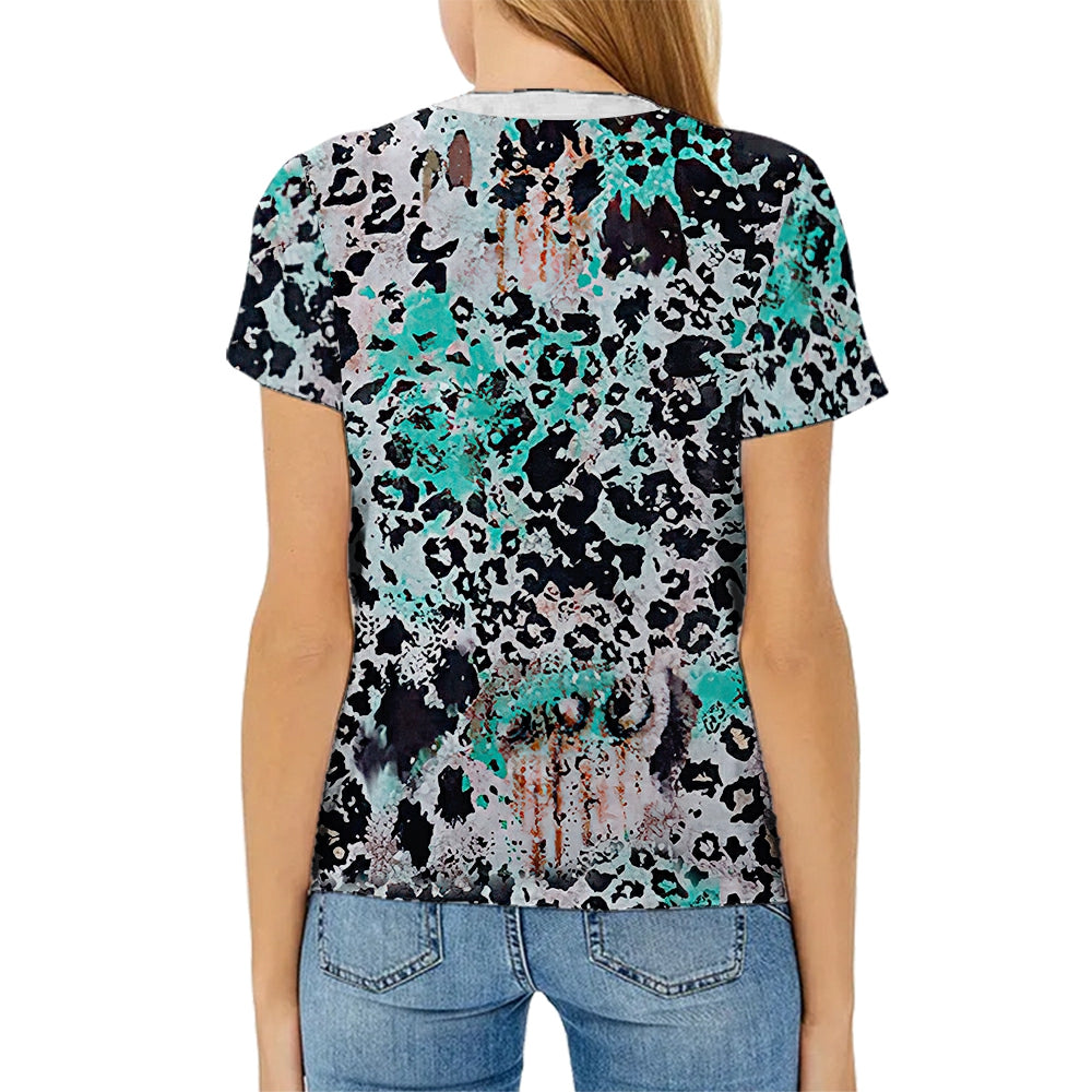 hot sell V neck blanks Heat press 100% polyester t-shirts faux bleach sublimation patterned shirts with leopard print