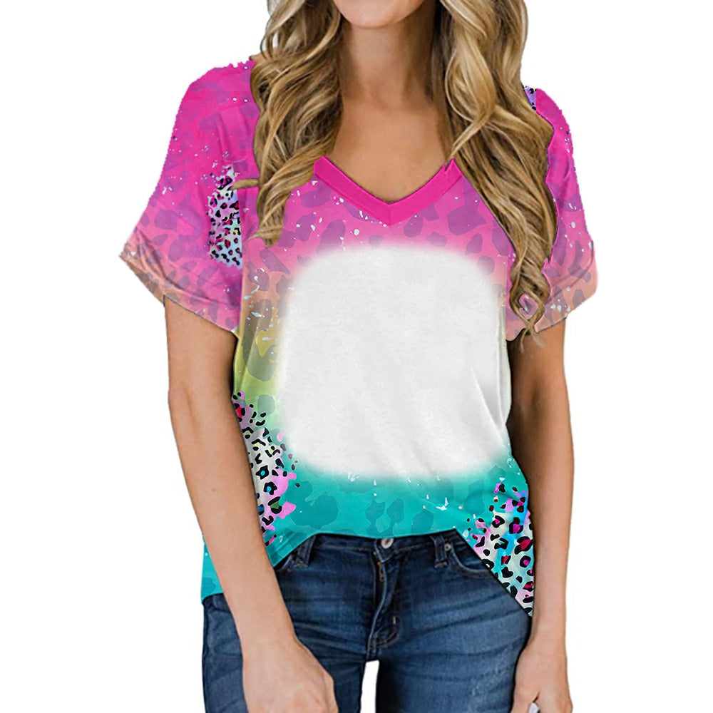 hot sell V neck blanks Heat press 100% polyester t-shirts faux bleach sublimation patterned shirts with leopard print