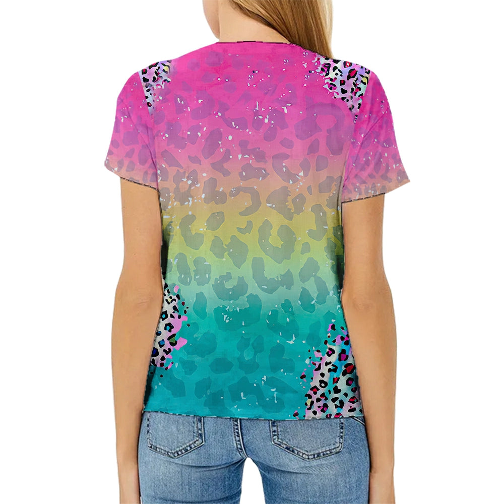 hot sell V neck blanks Heat press 100% polyester t-shirts faux bleach sublimation patterned shirts with leopard print