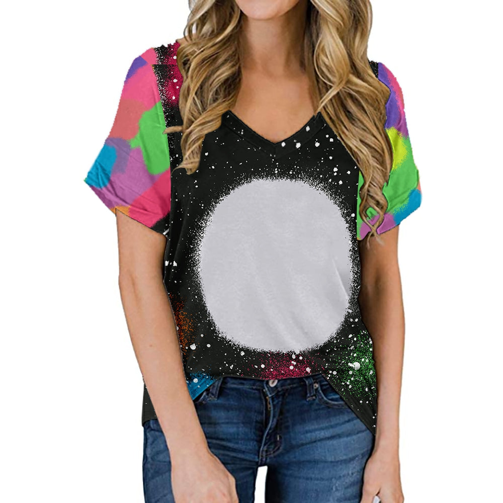 hot sell V neck blanks Heat press 100% polyester t-shirts faux bleach sublimation patterned shirts with leopard print