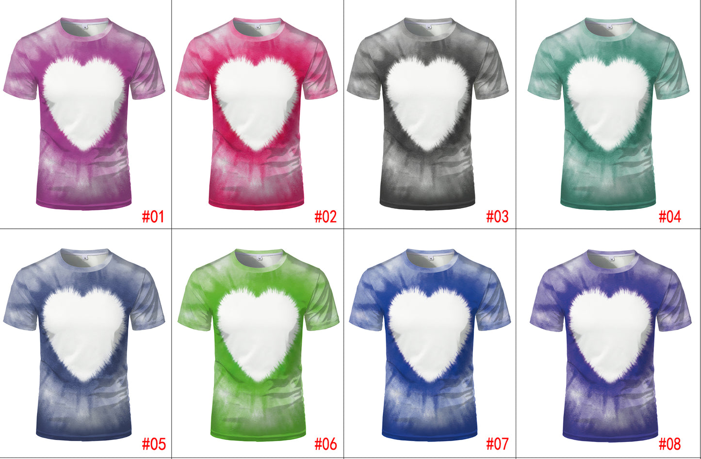 100% polyester Sublimation Men Women Unisex Hear Designs Bleach Design Printed Tees Logo Blank Sublimation Faux Bleached Tie Dye Shirts Men's T-shirts