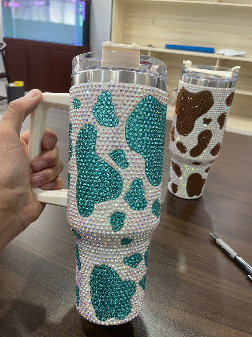 40oz cow print rhinestones glitter Insulated Stainless Steel Tumbler with Handle and Straw 2nd 的副本 的副本 的副本