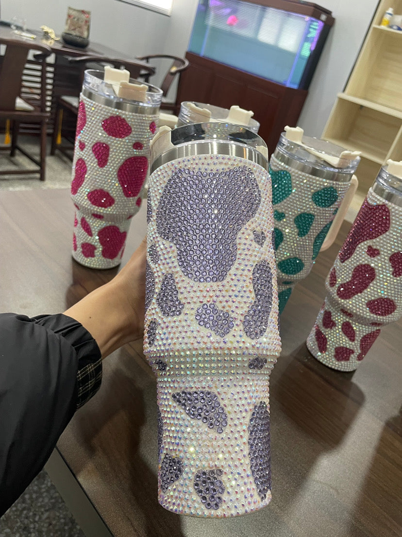 40oz cow print rhinestones glitter Insulated Stainless Steel Tumbler with Handle and Straw 2nd 的副本 的副本 的副本