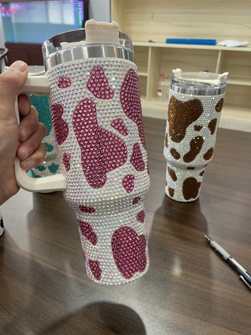 40oz cow print rhinestones glitter Insulated Stainless Steel Tumbler with Handle and Straw 2nd 的副本 的副本 的副本