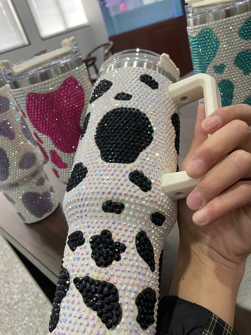 40oz cow print rhinestones glitter Insulated Stainless Steel Tumbler with Handle and Straw 2nd 的副本 的副本 的副本