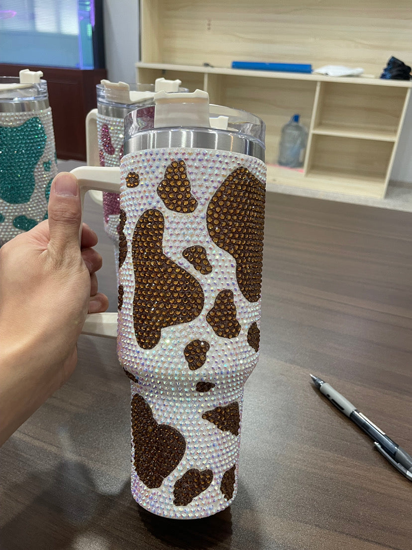 40oz cow print rhinestones glitter Insulated Stainless Steel Tumbler with Handle and Straw 2nd 的副本 的副本 的副本