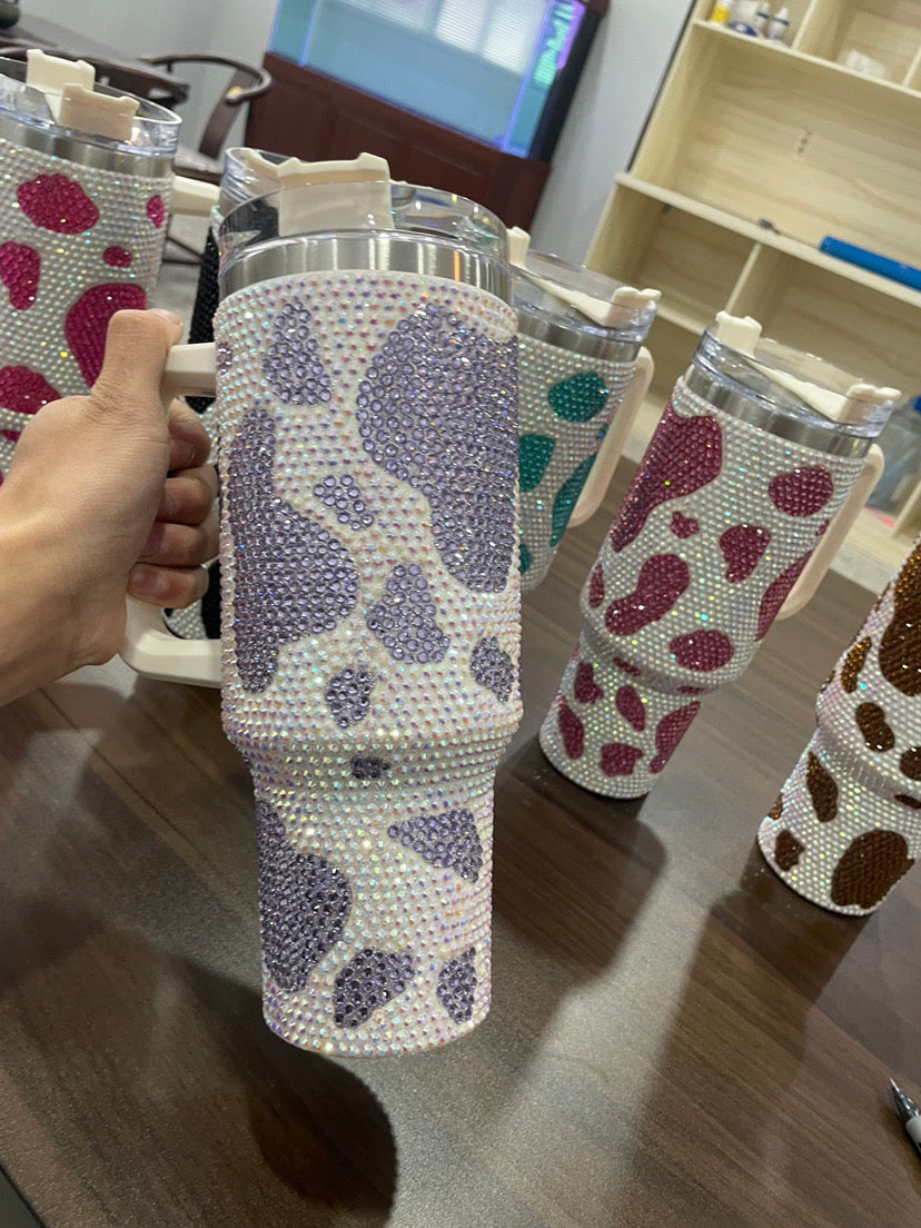 40oz cow print rhinestones glitter Insulated Stainless Steel Tumbler with Handle and Straw 2nd 的副本 的副本 的副本