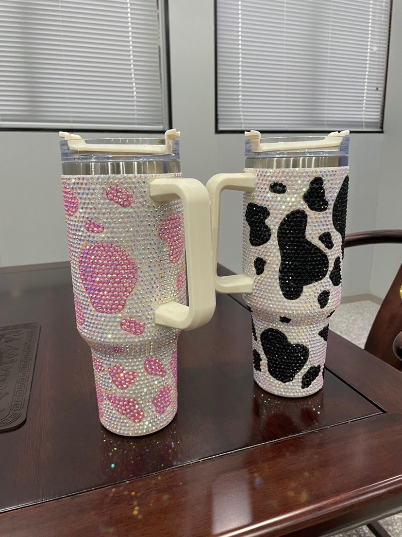 40oz cow print rhinestones glitter Insulated Stainless Steel Tumbler with Handle and Straw 2nd 的副本 的副本 的副本